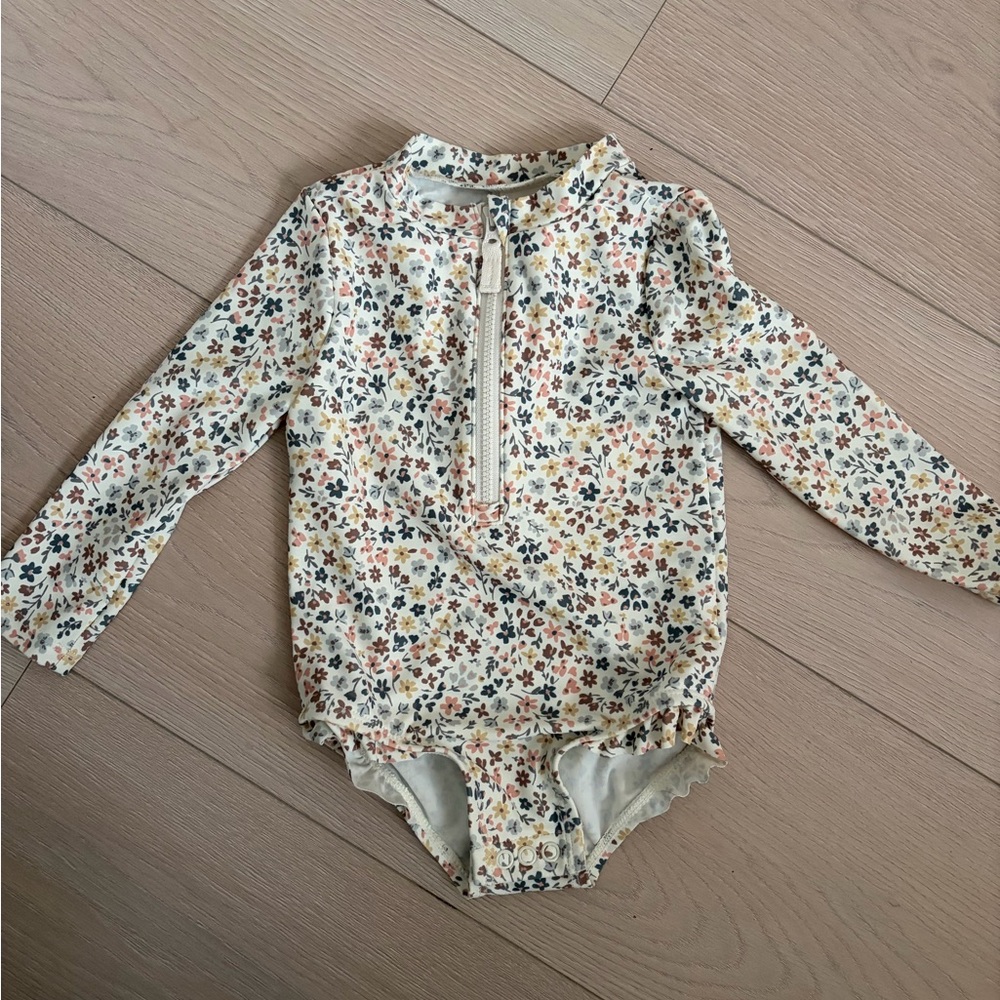 Baby Floral Long Sleeve One-Piece Swimsuit - Cream with Multicolor Flowers
